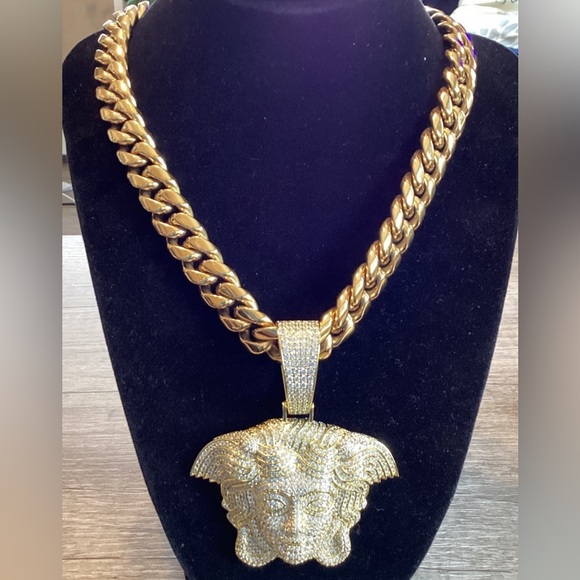 Men CZ Diamond Ice Out Medusa 14K Gold Plated  Big Iced Chain+Pendant 14m 22Inch - Picture 10 of 10